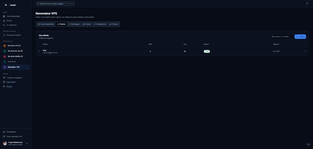 Noxel panel screenshot — Reseller VPS Customers tab with customer table, VPS, games and status.