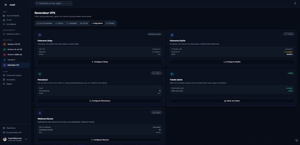 Noxel panel screenshot — Reseller VPS Integrations tab with Stripe, PayPal, Pterodactyl, tickets and Discord cards.